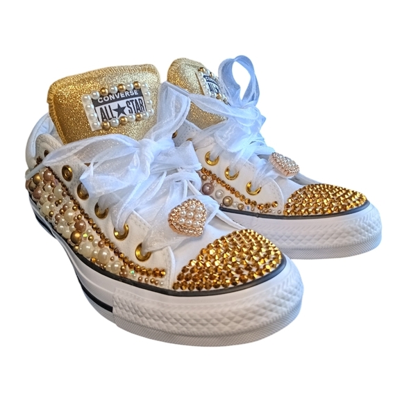 New 🚨Custom All Star Converse White Gold Low Top Madison Size 9 - Picture 2 of 8